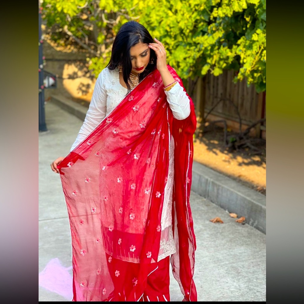 3 piece Pakistani Shalwar Kameez. White and red, perfect for weddings, etc